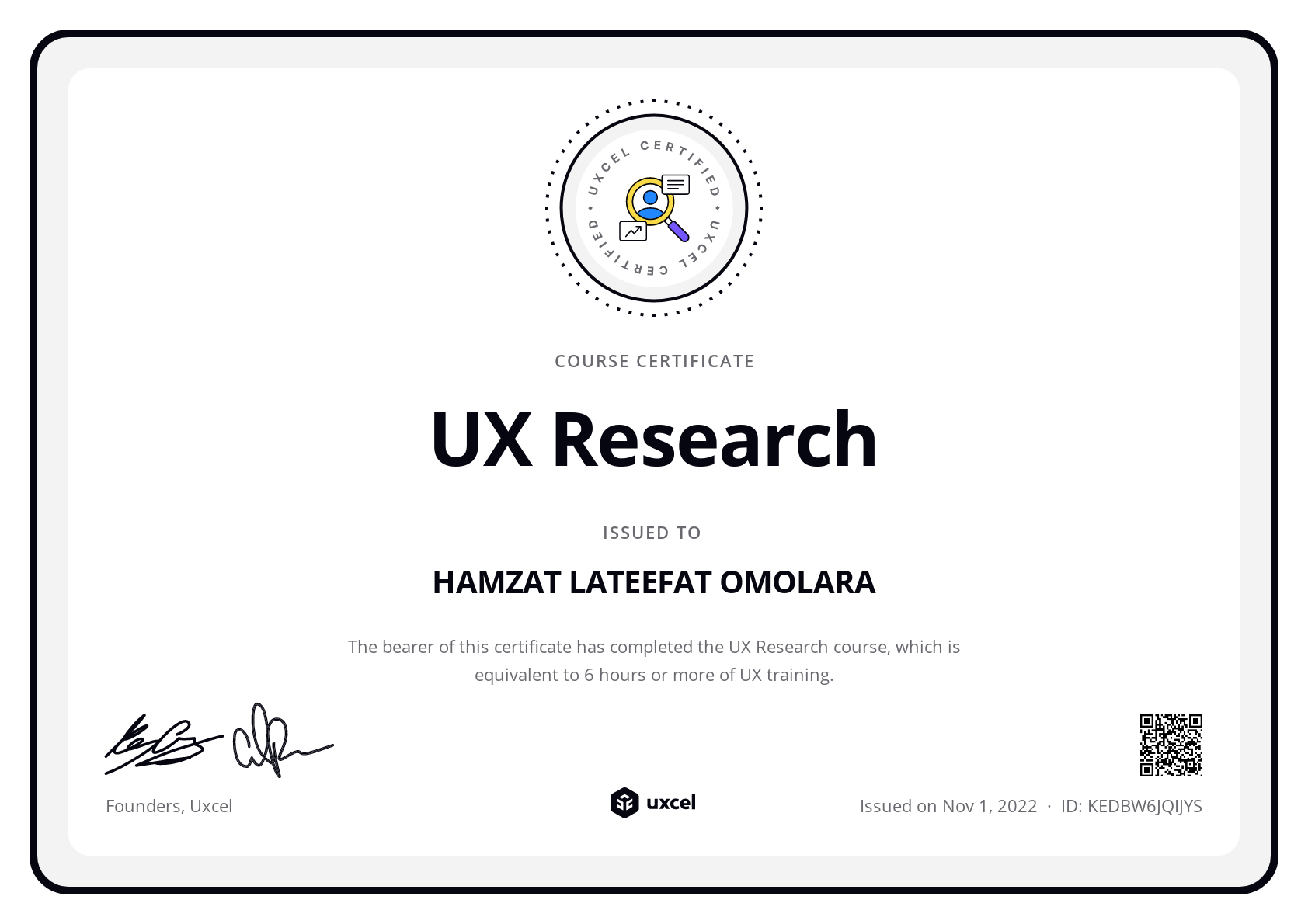 HAMZAT LATEEFAT OMOLARA's certificate